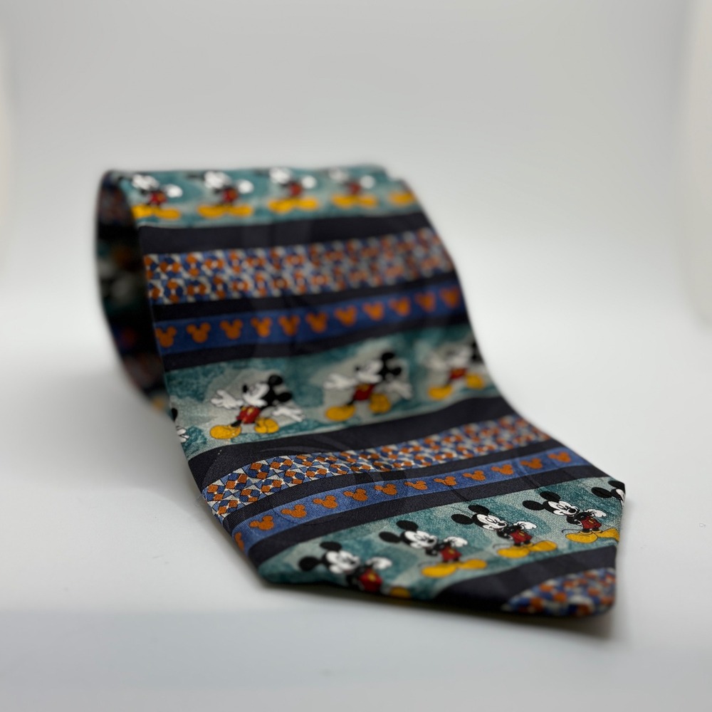 Disney Mickey Mouse Silk Tie Mens Vintage Handmade Blue Green Geometric‎ Pattern